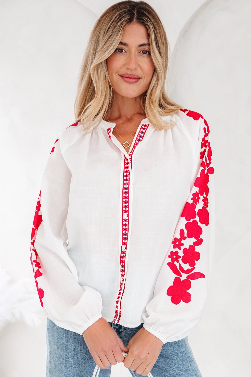 Floral Embroidered Puff Long Sleeve Shirt - Rooted & Reckless Co.