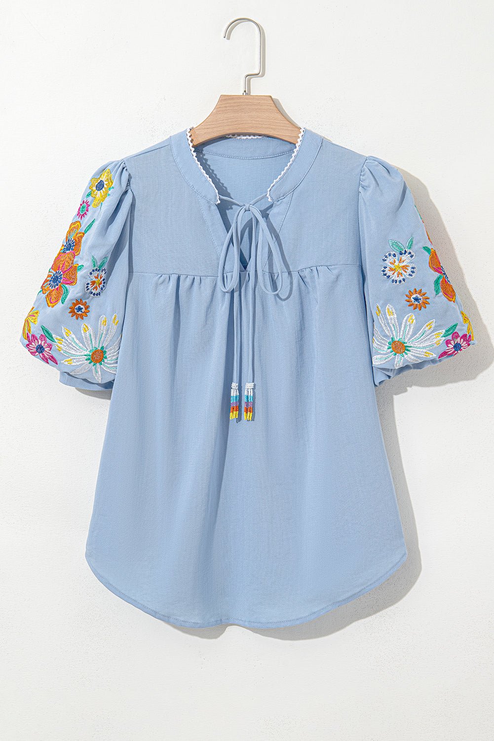 Floral Embroidered Puff Sleeve Split Neck Blouse - Rooted & Reckless Co.