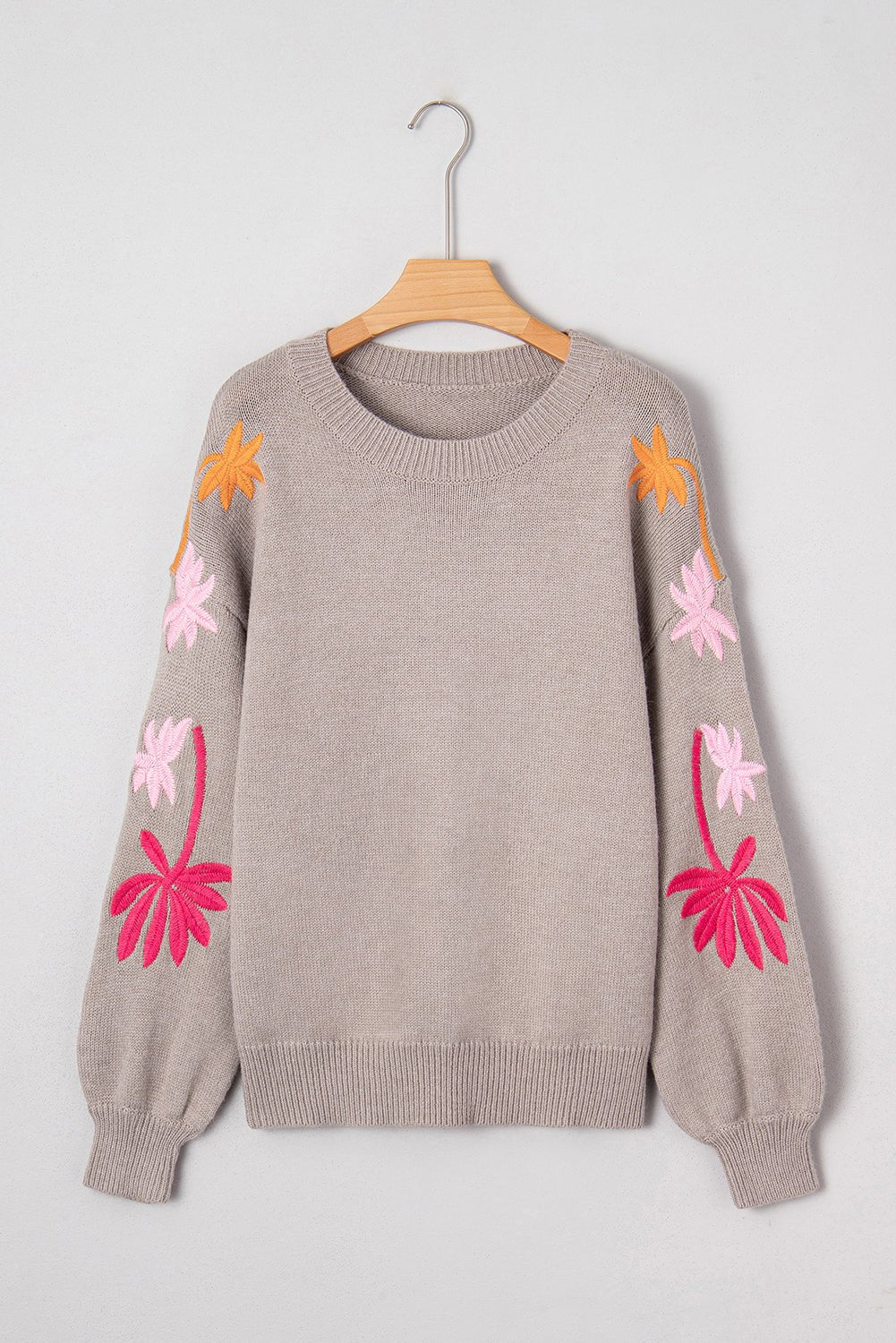 Floral Embroidered Sleeve Round Neck Loose Sweater - Rooted & Reckless Co.