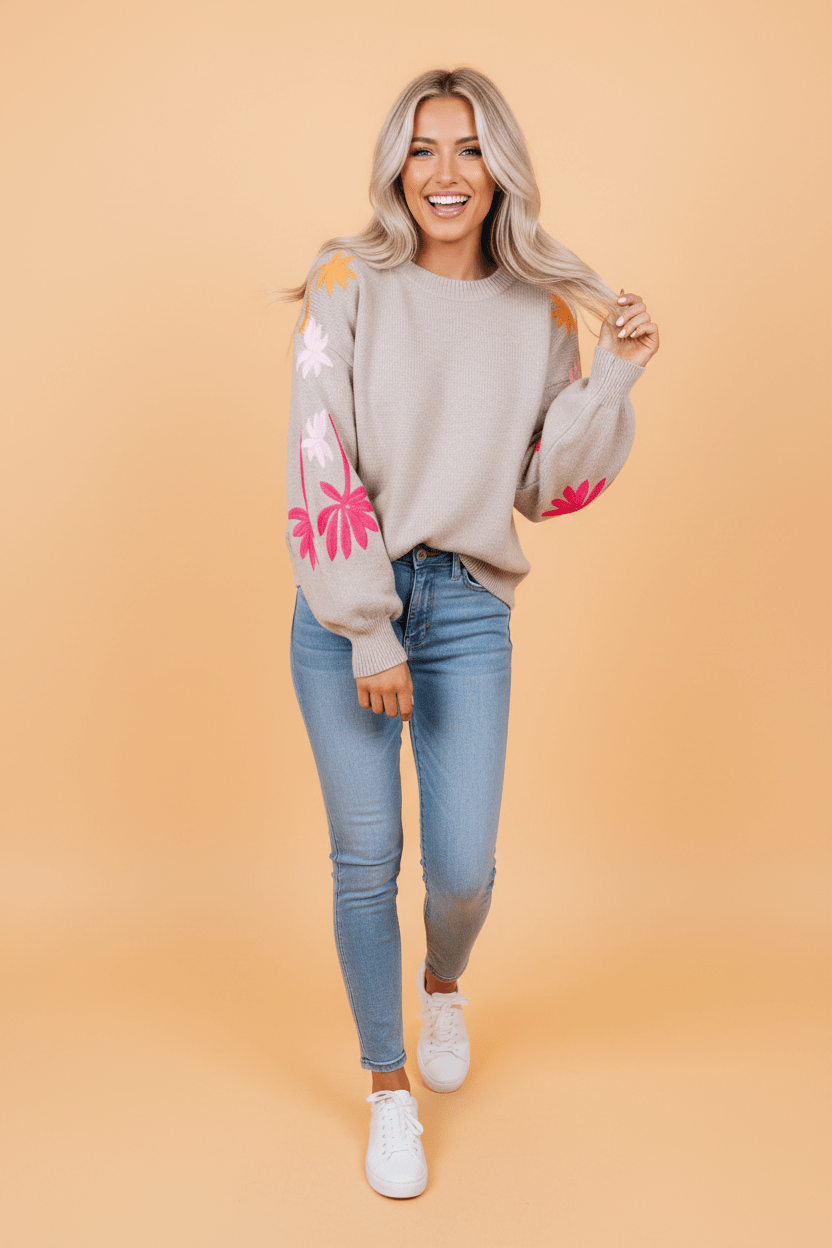 Floral Embroidered Sleeve Round Neck Loose Sweater - Rooted & Reckless Co.