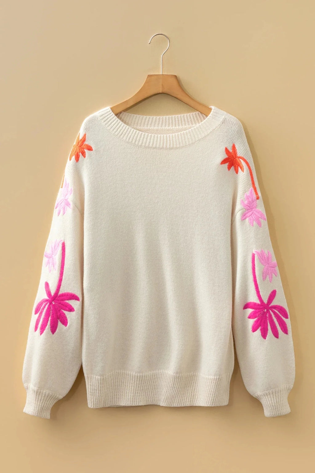 Floral Embroidered Sleeve Round Neck Loose Sweater - Rooted & Reckless Co.