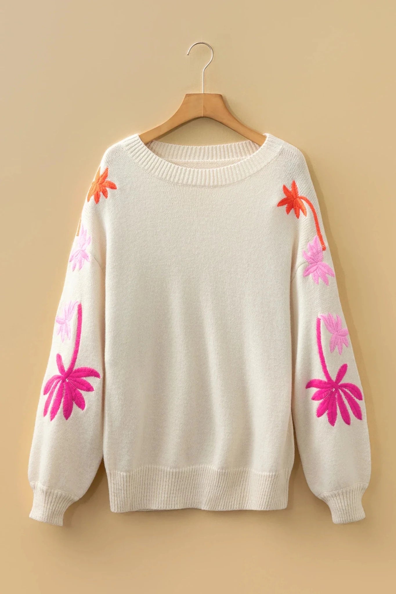 Floral Embroidered Sleeve Round Neck Loose Sweater - Rooted & Reckless Co.