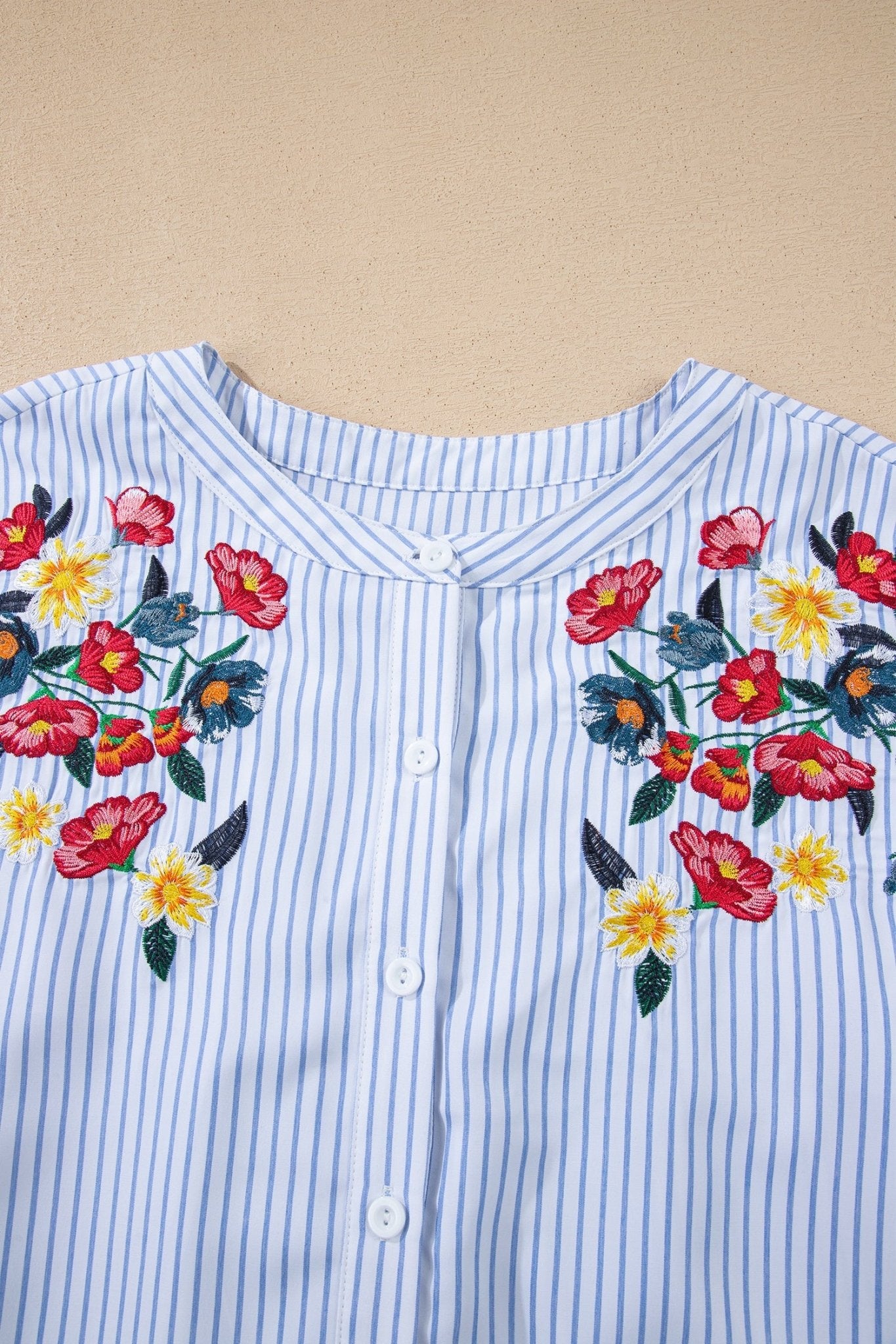 Floral Embroidered Stripe Billowy Sleeve Tunic Shirt - Rooted & Reckless Co.