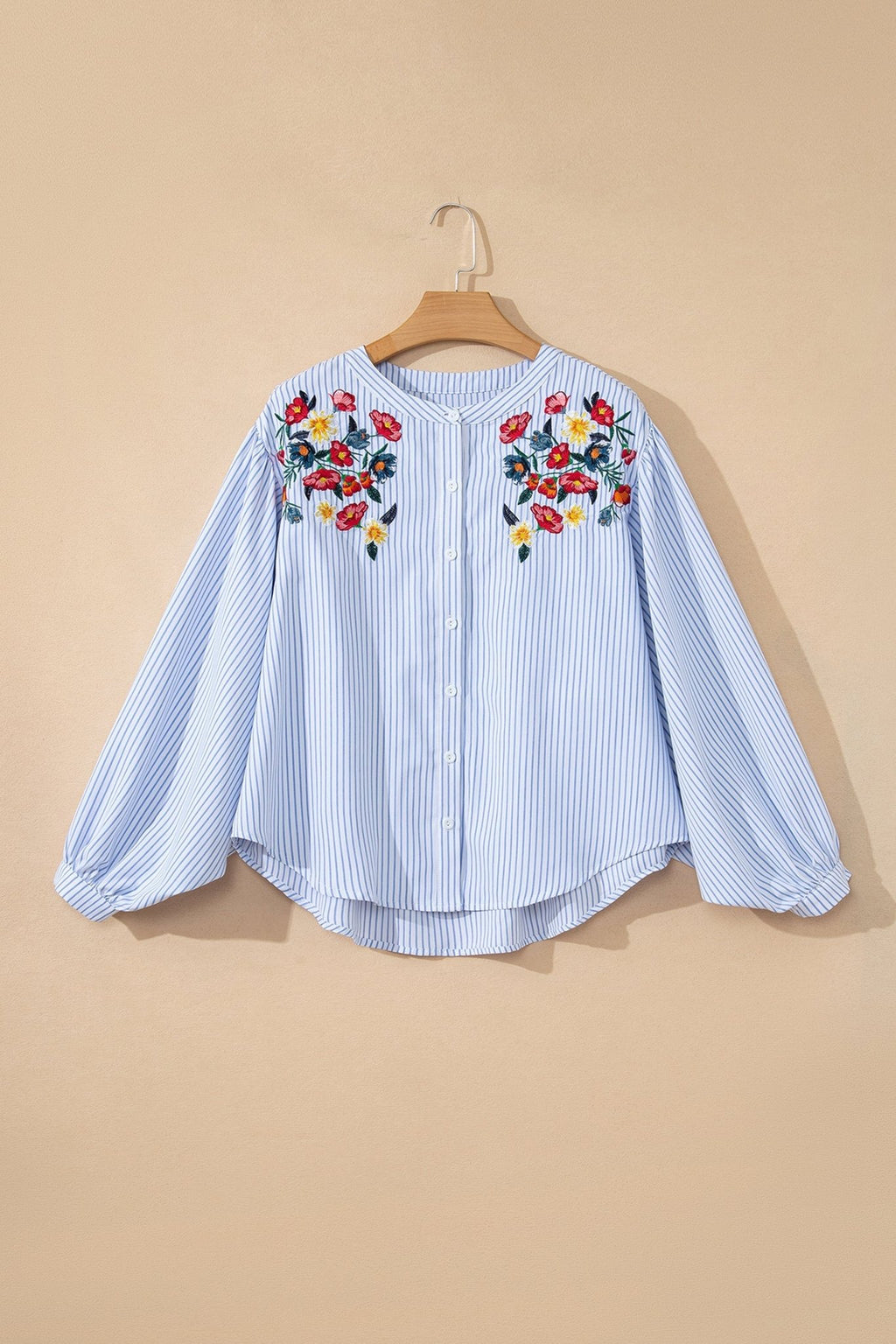 Floral Embroidered Stripe Billowy Sleeve Tunic Shirt - Rooted & Reckless Co.