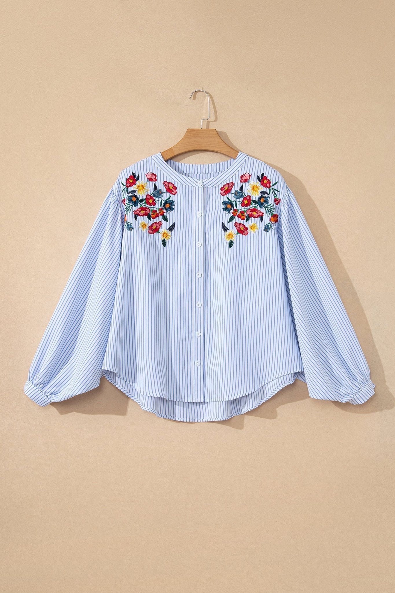 Floral Embroidered Stripe Billowy Sleeve Tunic Shirt - Rooted & Reckless Co.
