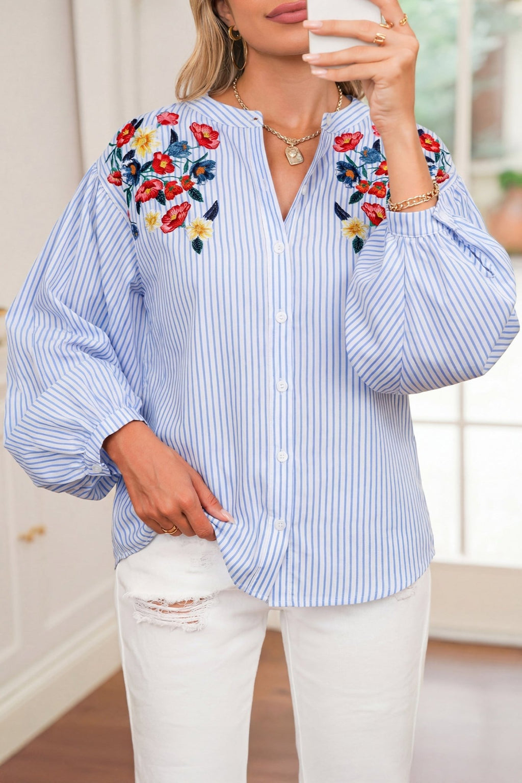 Floral Embroidered Stripe Billowy Sleeve Tunic Shirt - Rooted & Reckless Co.