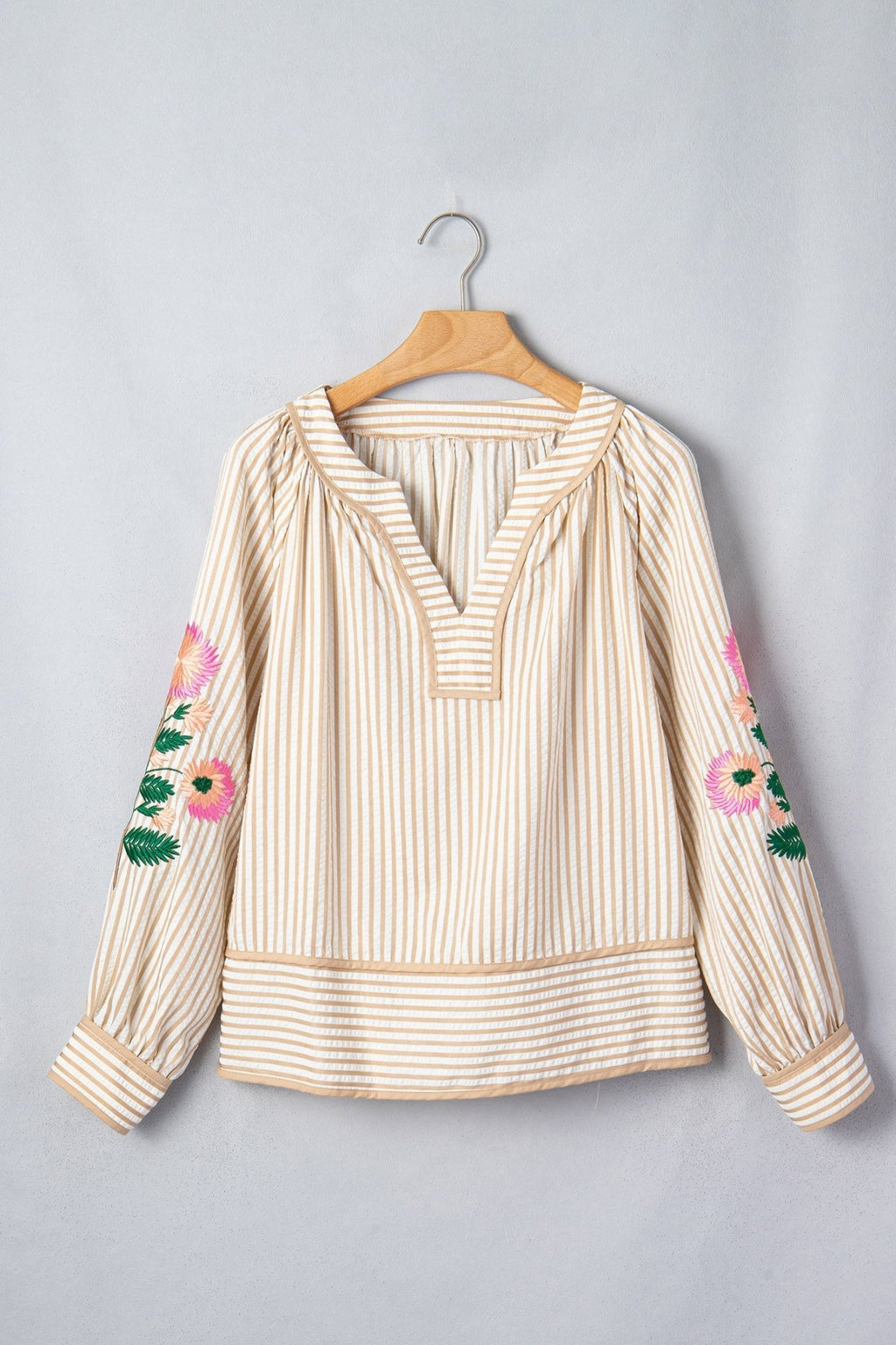 Floral Embroidered Stripe V-Neck Long Sleeve Blouse - Rooted & Reckless Co.