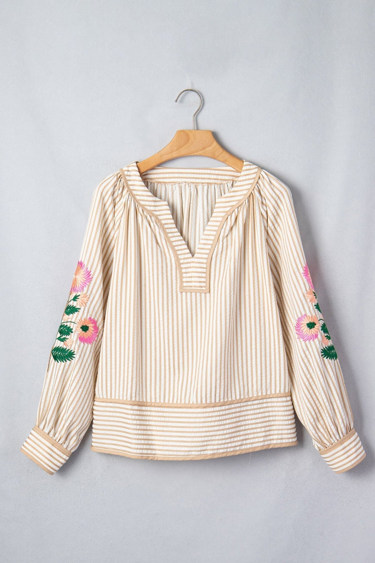 Floral Embroidered Stripe V-Neck Long Sleeve Blouse - Rooted & Reckless Co.