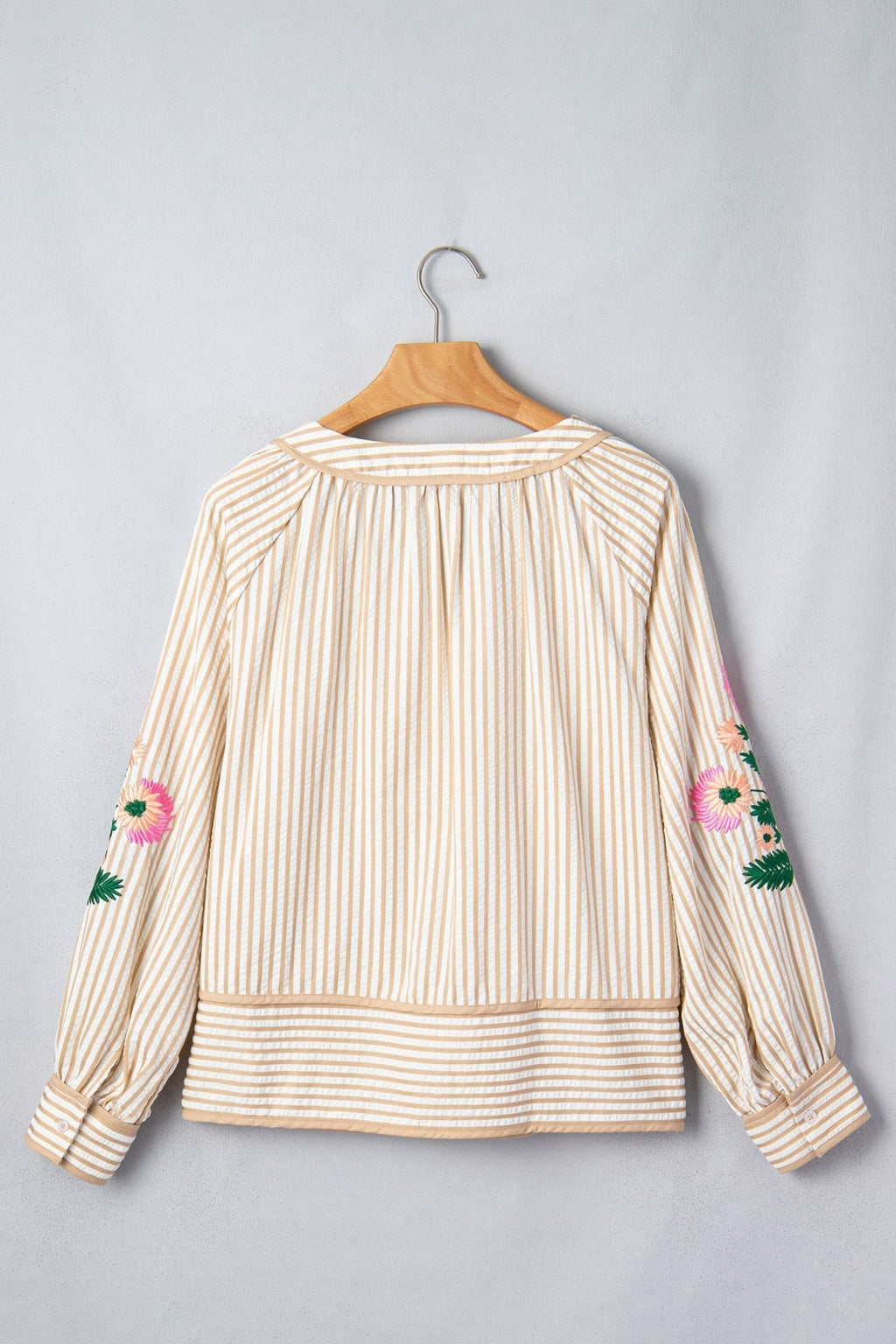Floral Embroidered Stripe V-Neck Long Sleeve Blouse - Rooted & Reckless Co.