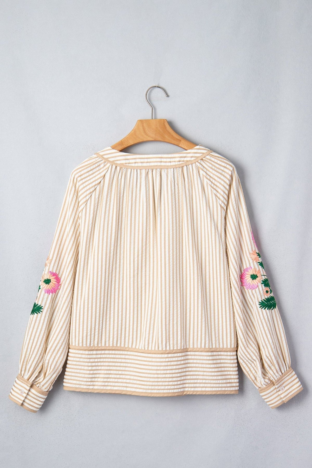 Floral Embroidered Stripe V-Neck Long Sleeve Blouse - Rooted & Reckless Co.