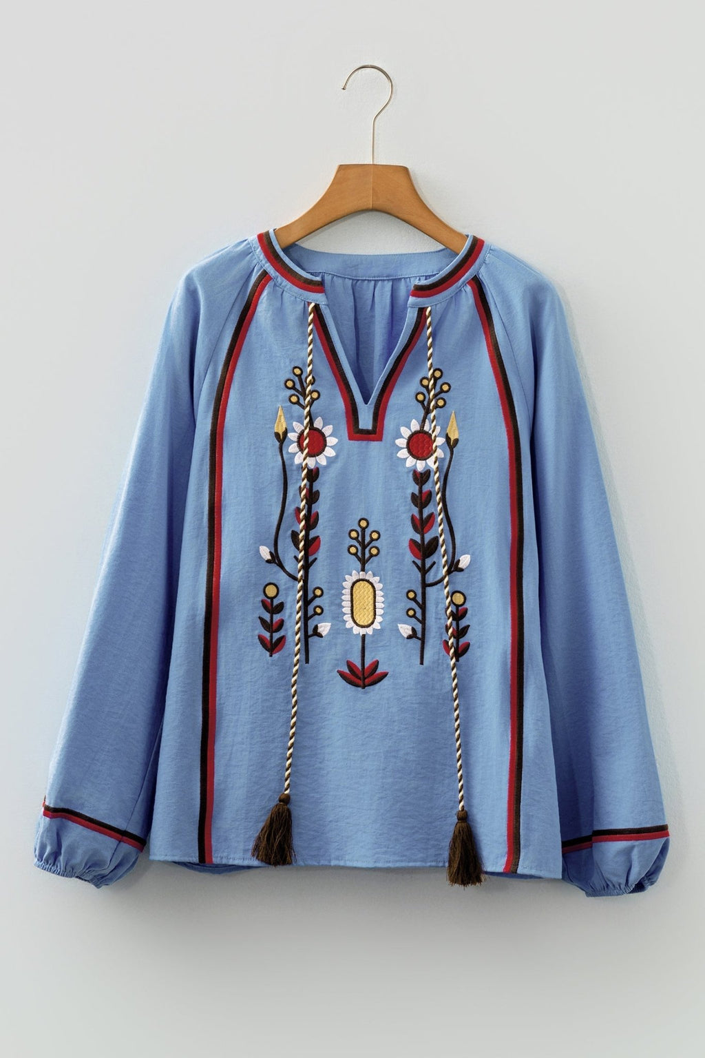 Floral Embroidered Tassel-Tie Puff Sleeve Blouse - Rooted & Reckless Co.