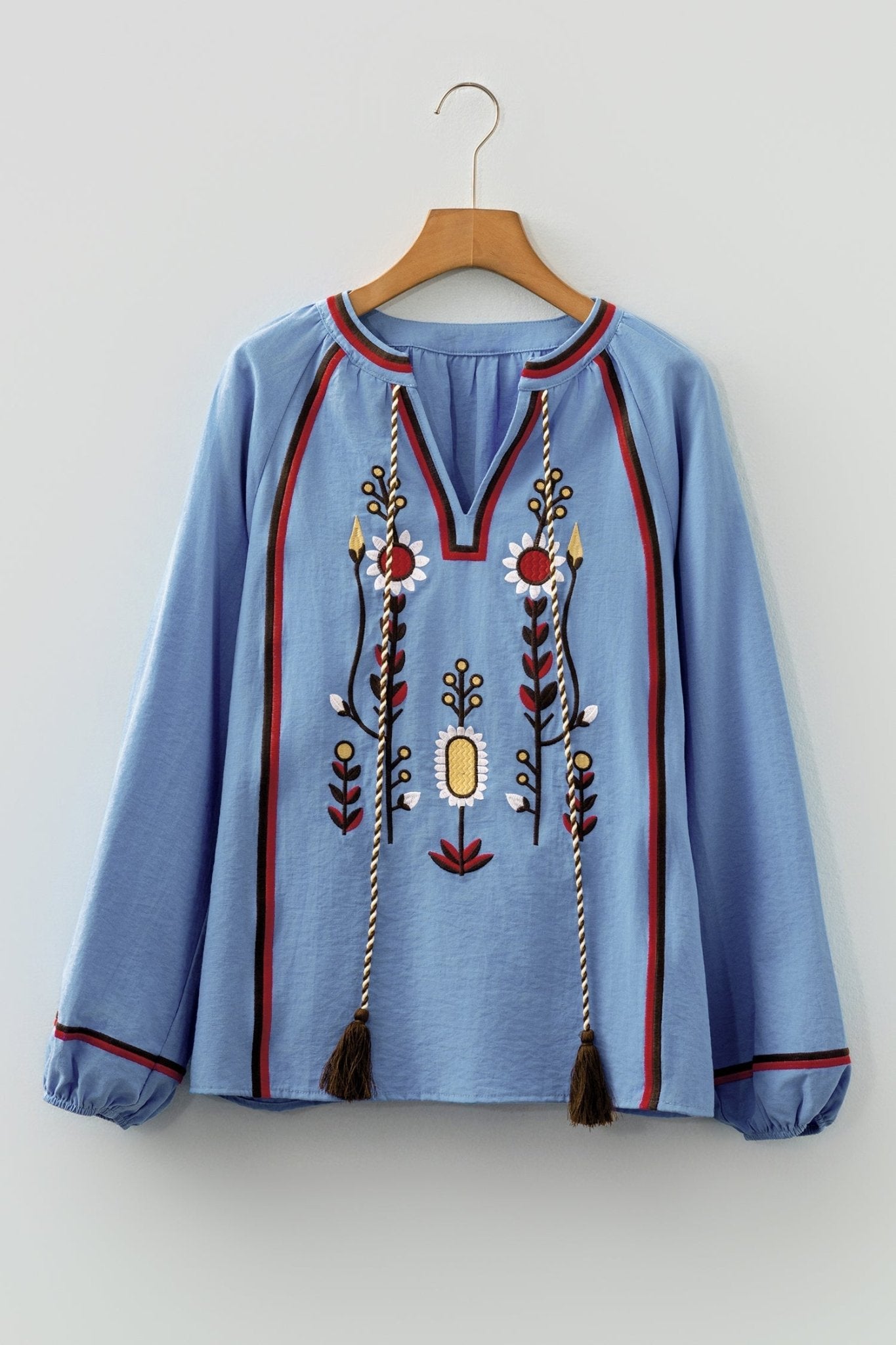 Floral Embroidered Tassel-Tie Puff Sleeve Blouse - Rooted & Reckless Co.