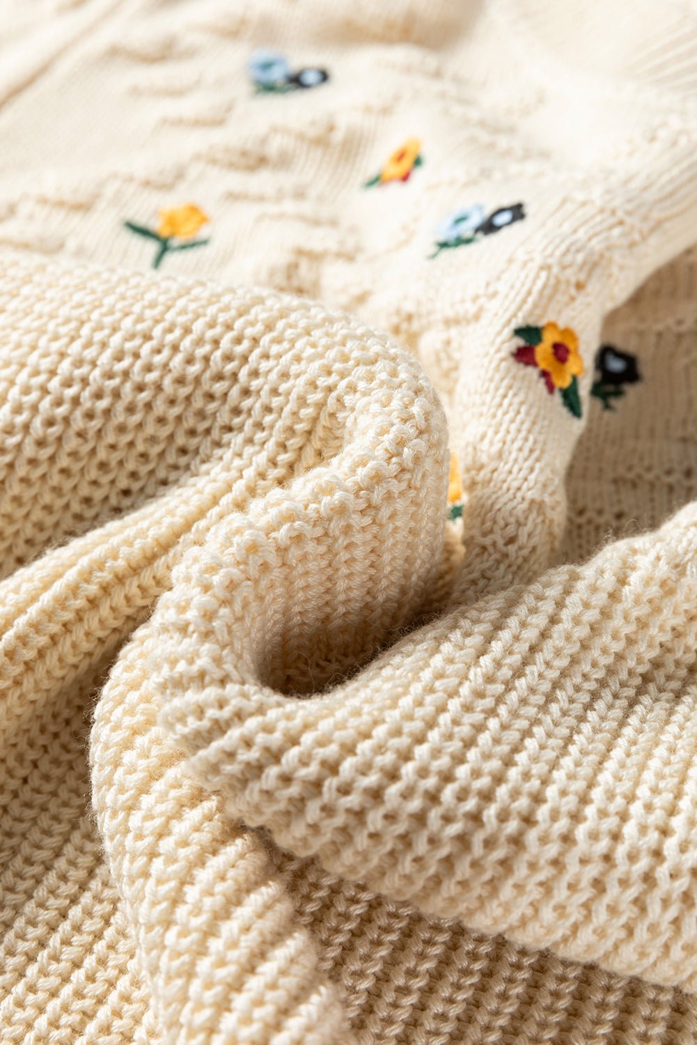 Floral Embroidered Textured Knit Sweater - Rooted & Reckless Co.