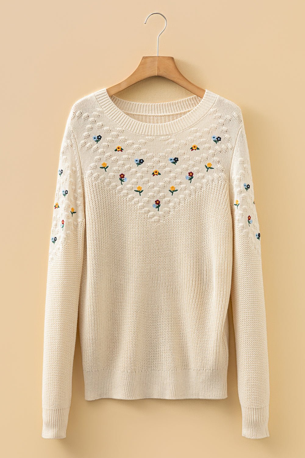 Floral Embroidered Textured Knit Sweater - Rooted & Reckless Co.