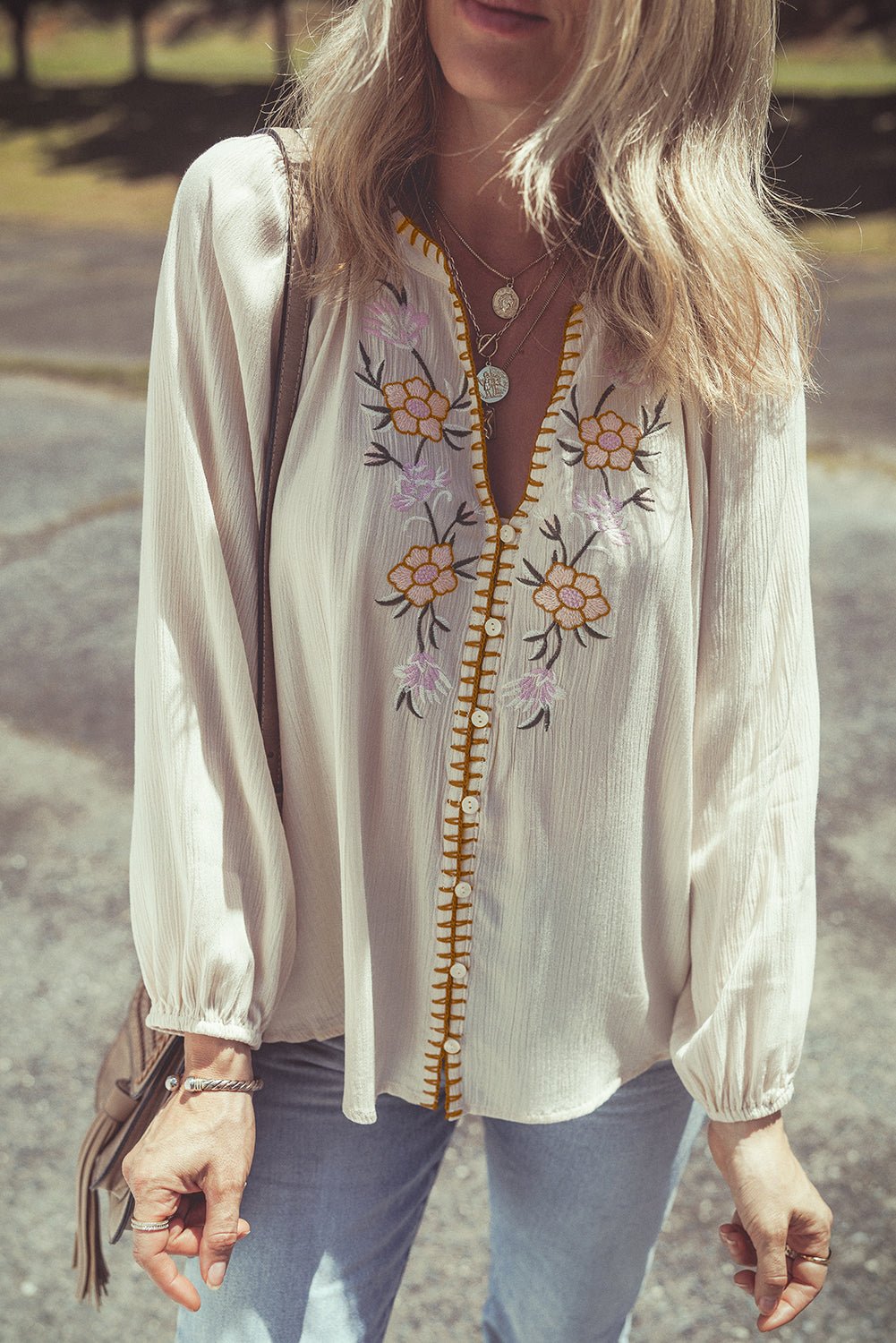 Floral Embroidered Textured Puff Sleeve Shirt - Rooted & Reckless Co.