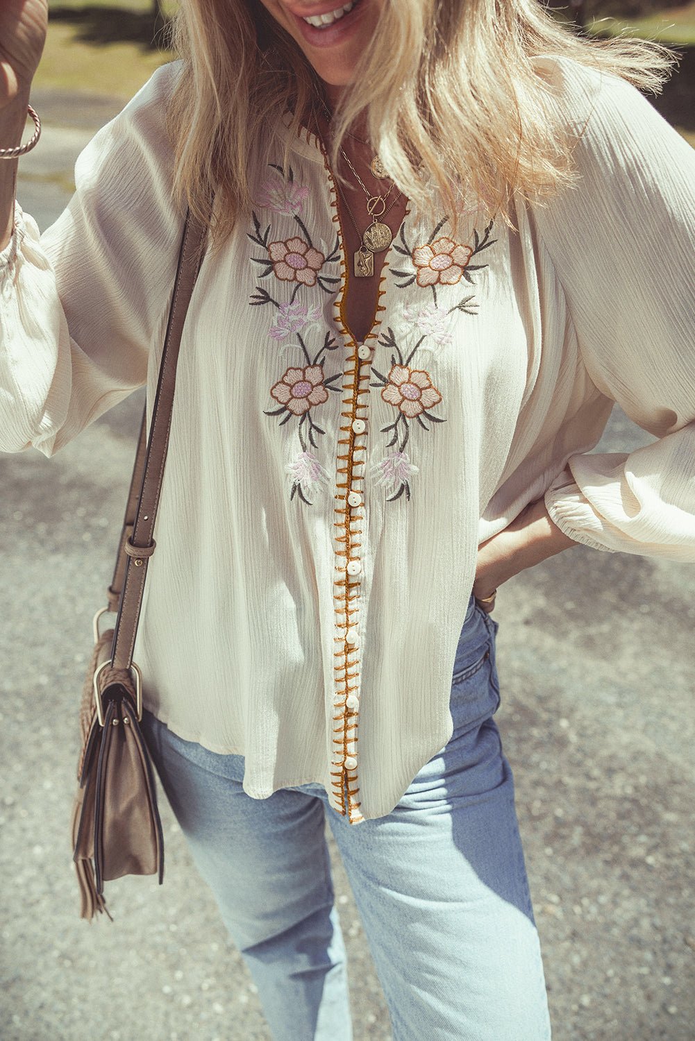 Floral Embroidered Textured Puff Sleeve Shirt - Rooted & Reckless Co.