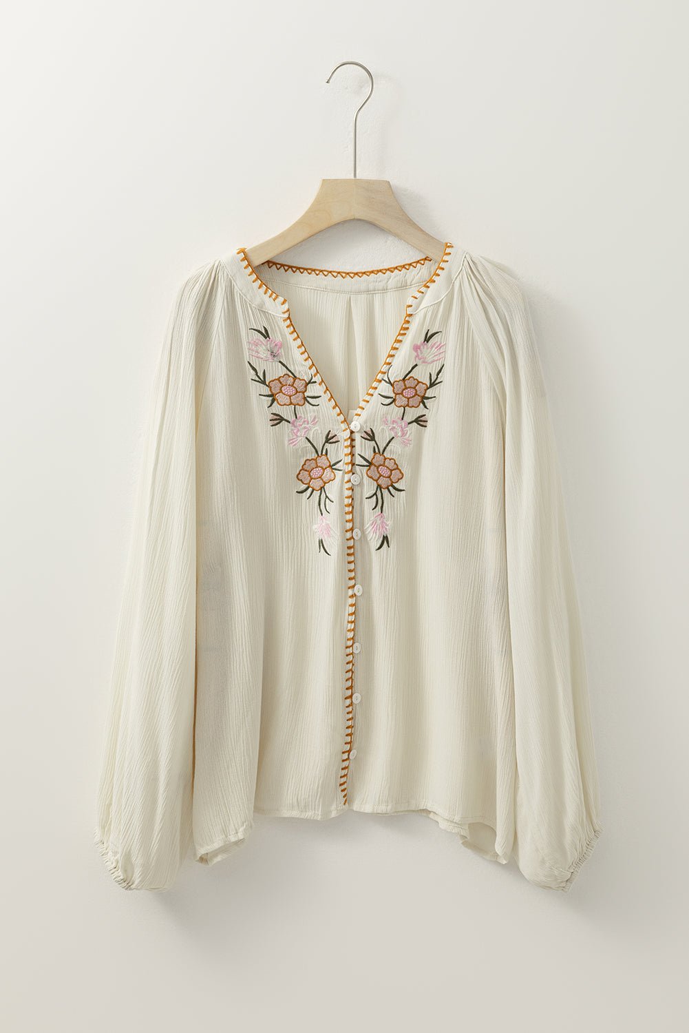 Floral Embroidered Textured Puff Sleeve Shirt - Rooted & Reckless Co.