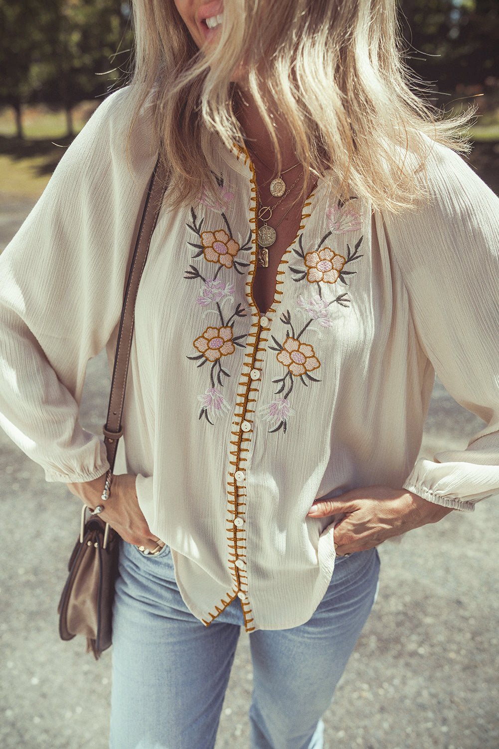 Floral Embroidered Textured Puff Sleeve Shirt - Rooted & Reckless Co.