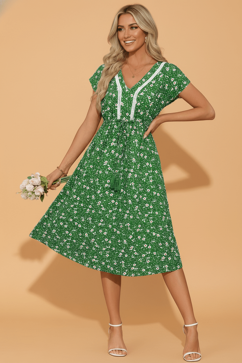 Floral Embroidered Trim V-Neck Drawstring Waist Dress - Rooted & Reckless Co.