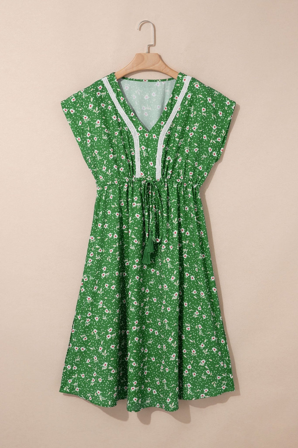 Floral Embroidered Trim V-Neck Drawstring Waist Dress - Rooted & Reckless Co.