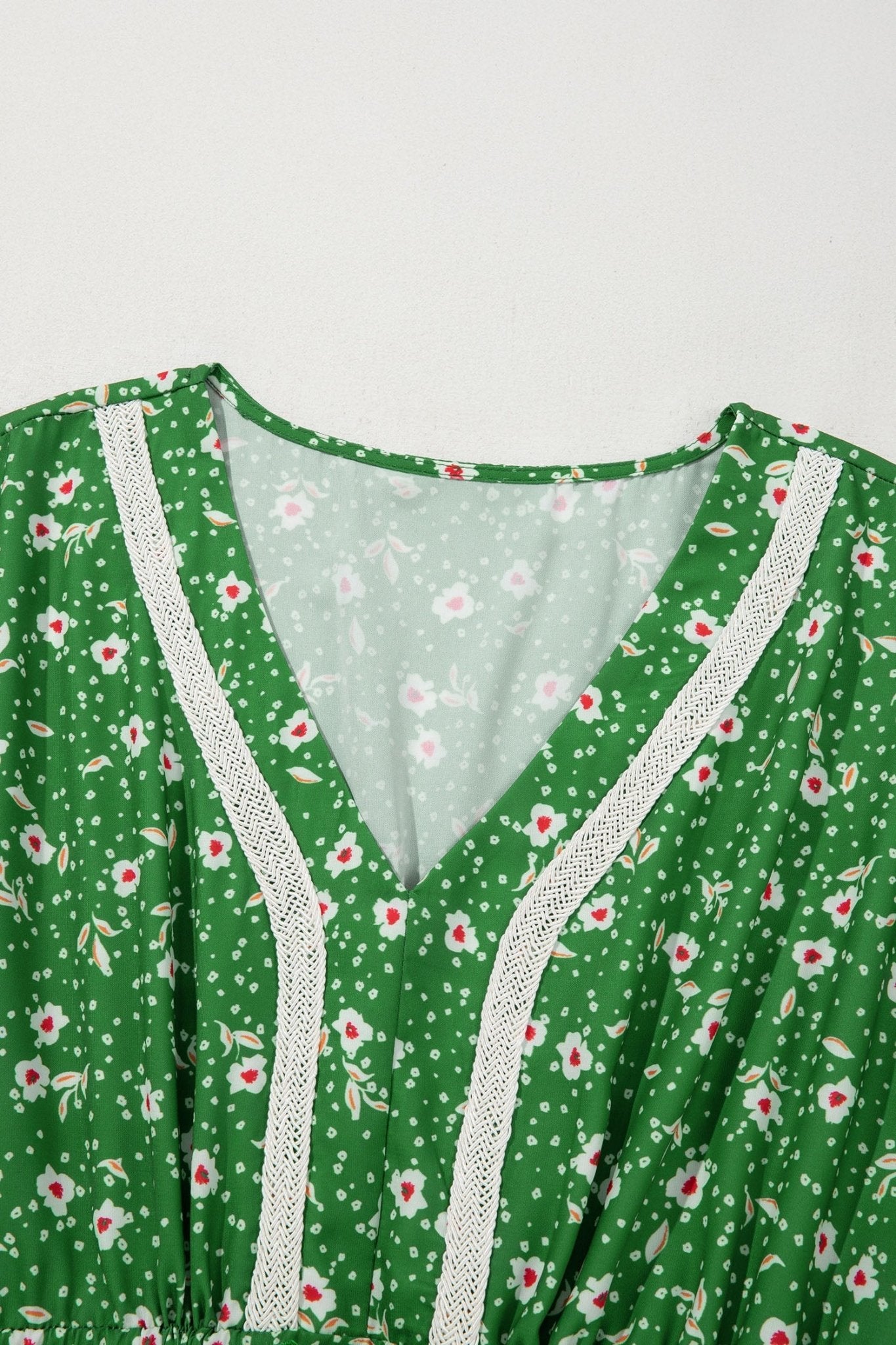 Floral Embroidered Trim V-Neck Drawstring Waist Dress - Rooted & Reckless Co.