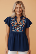 Floral Embroidered V-Neck Ruffle Sleeve Babydoll Blouse - Rooted & Reckless Co.