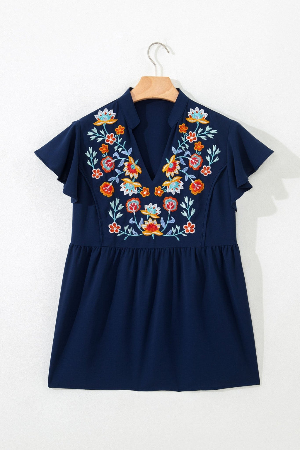 Floral Embroidered V-Neck Ruffle Sleeve Babydoll Blouse - Rooted & Reckless Co.