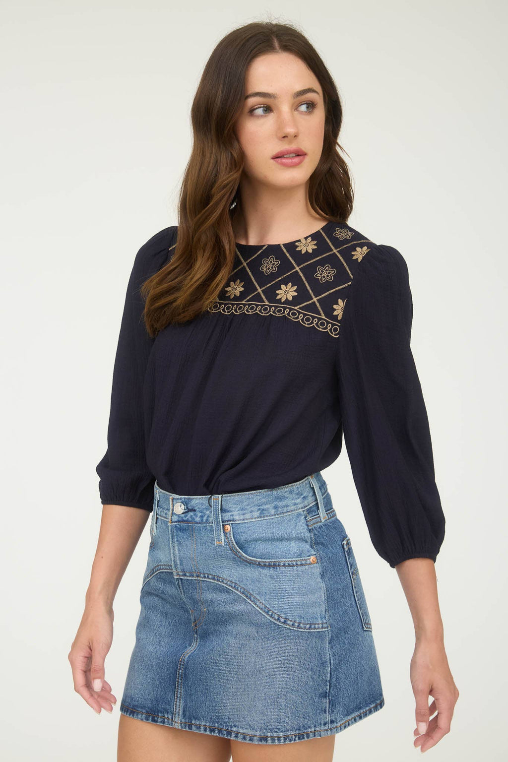 Floral Embroidered Yoke 3/4 Sleeve Blouse -medium remains - Rooted & Reckless Co.