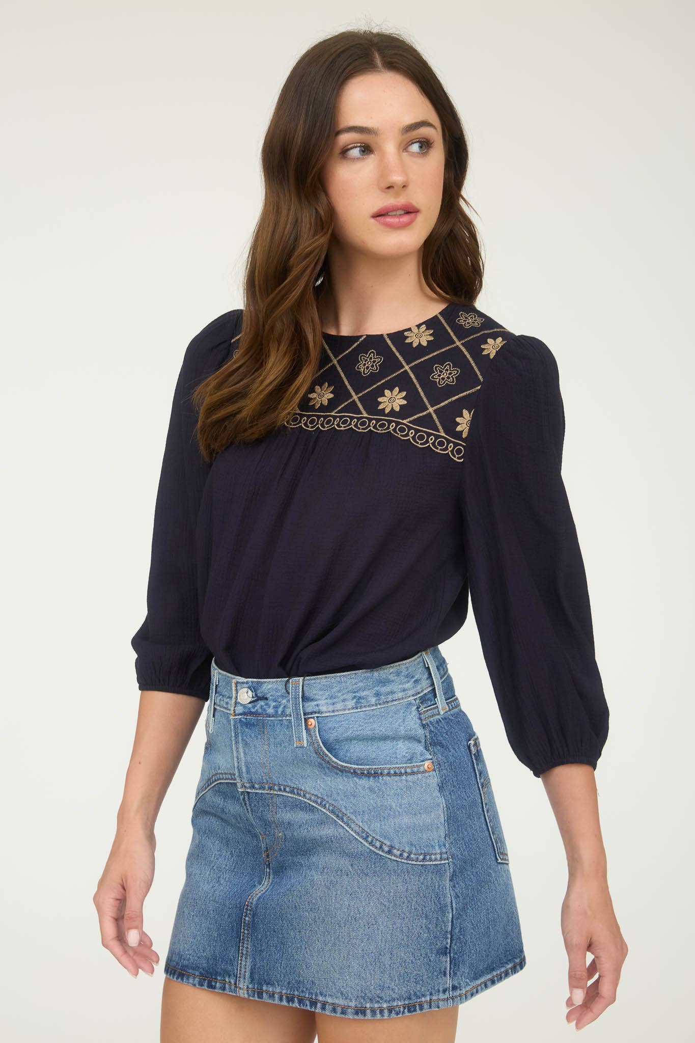 Floral Embroidered Yoke 3/4 Sleeve Blouse -medium remains - Rooted & Reckless Co.