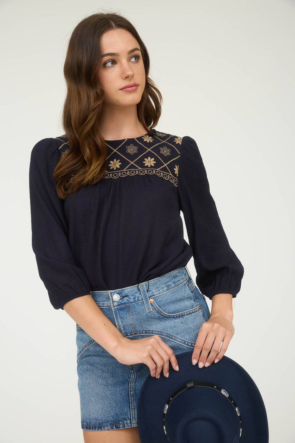 Floral Embroidered Yoke 3/4 Sleeve Blouse -medium remains - Rooted & Reckless Co.