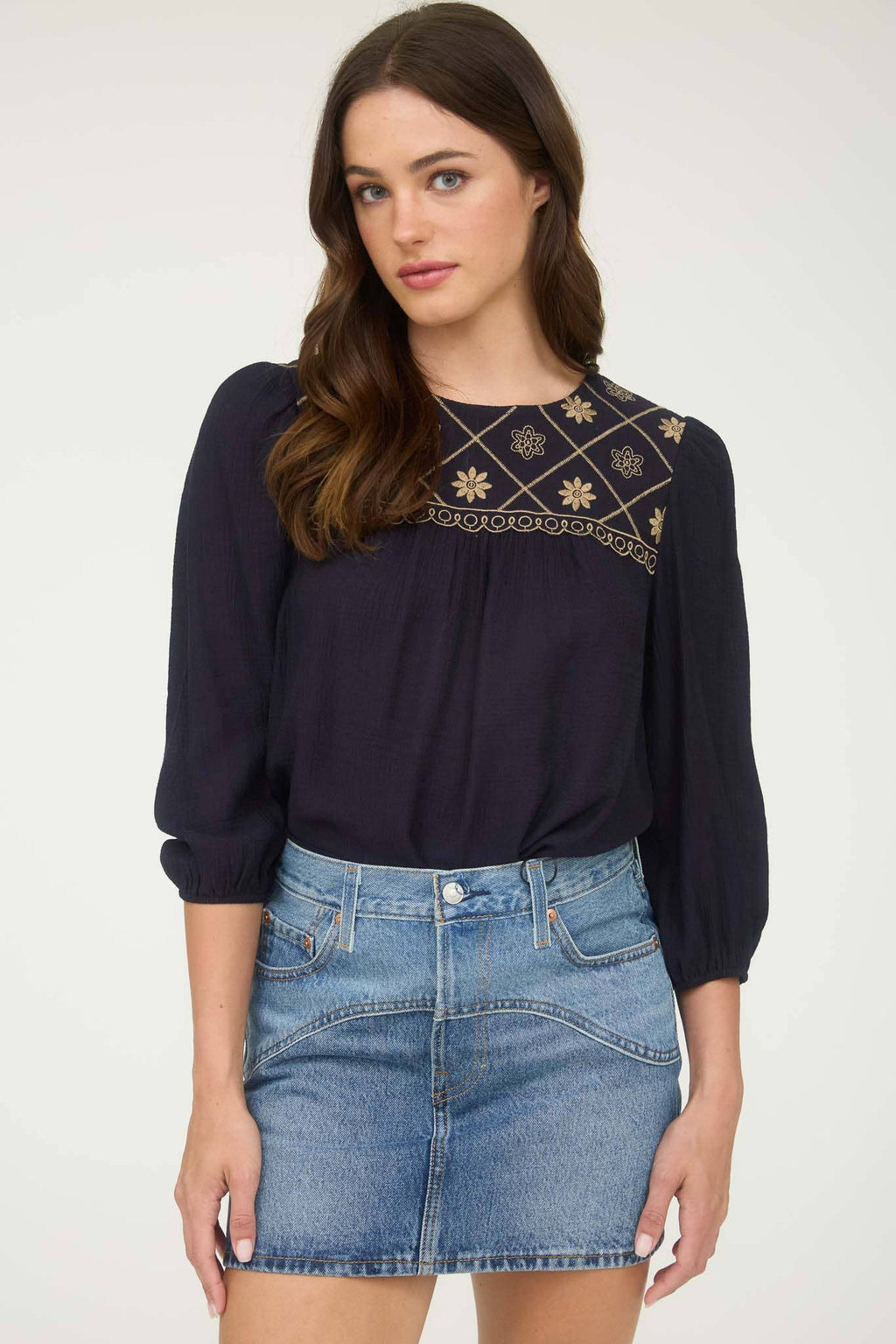 Floral Embroidered Yoke 3/4 Sleeve Blouse -medium remains - Rooted & Reckless Co.