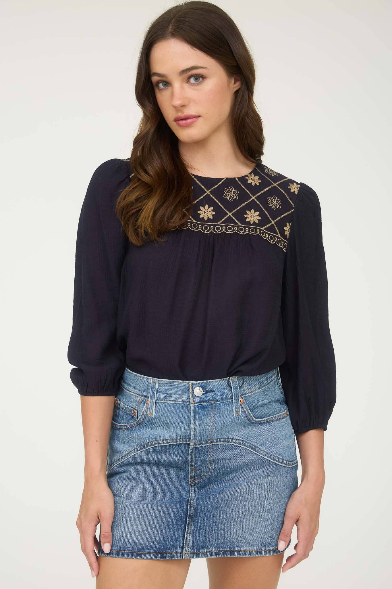 Floral Embroidered Yoke 3/4 Sleeve Blouse -medium remains - Rooted & Reckless Co.