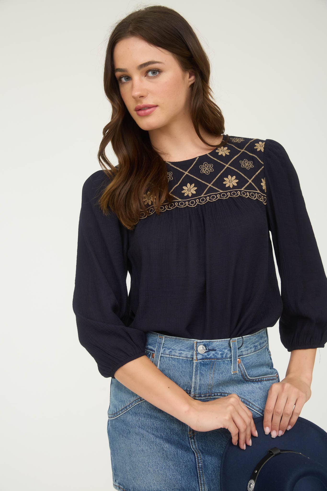 Floral Embroidered Yoke 3/4 Sleeve Blouse -medium remains - Rooted & Reckless Co.