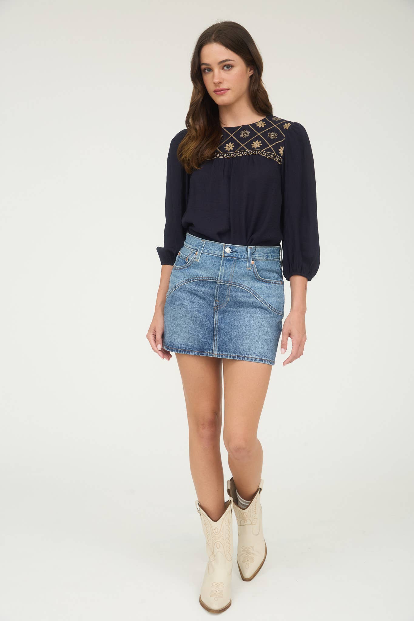 Floral Embroidered Yoke 3/4 Sleeve Blouse -medium remains - Rooted & Reckless Co.