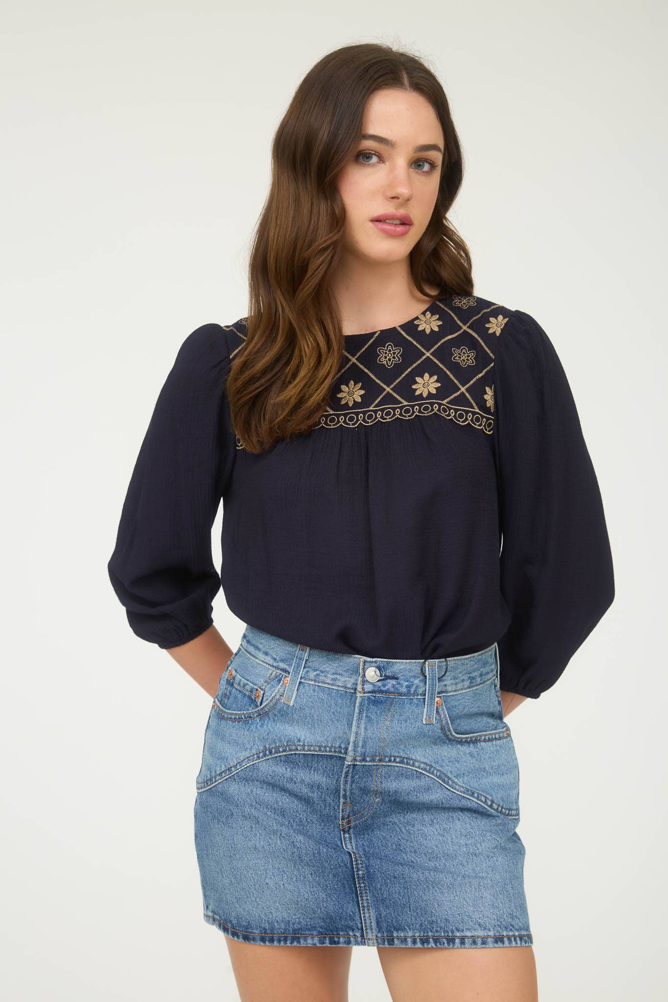 Floral Embroidered Yoke 3/4 Sleeve Blouse -medium remains - Rooted & Reckless Co.