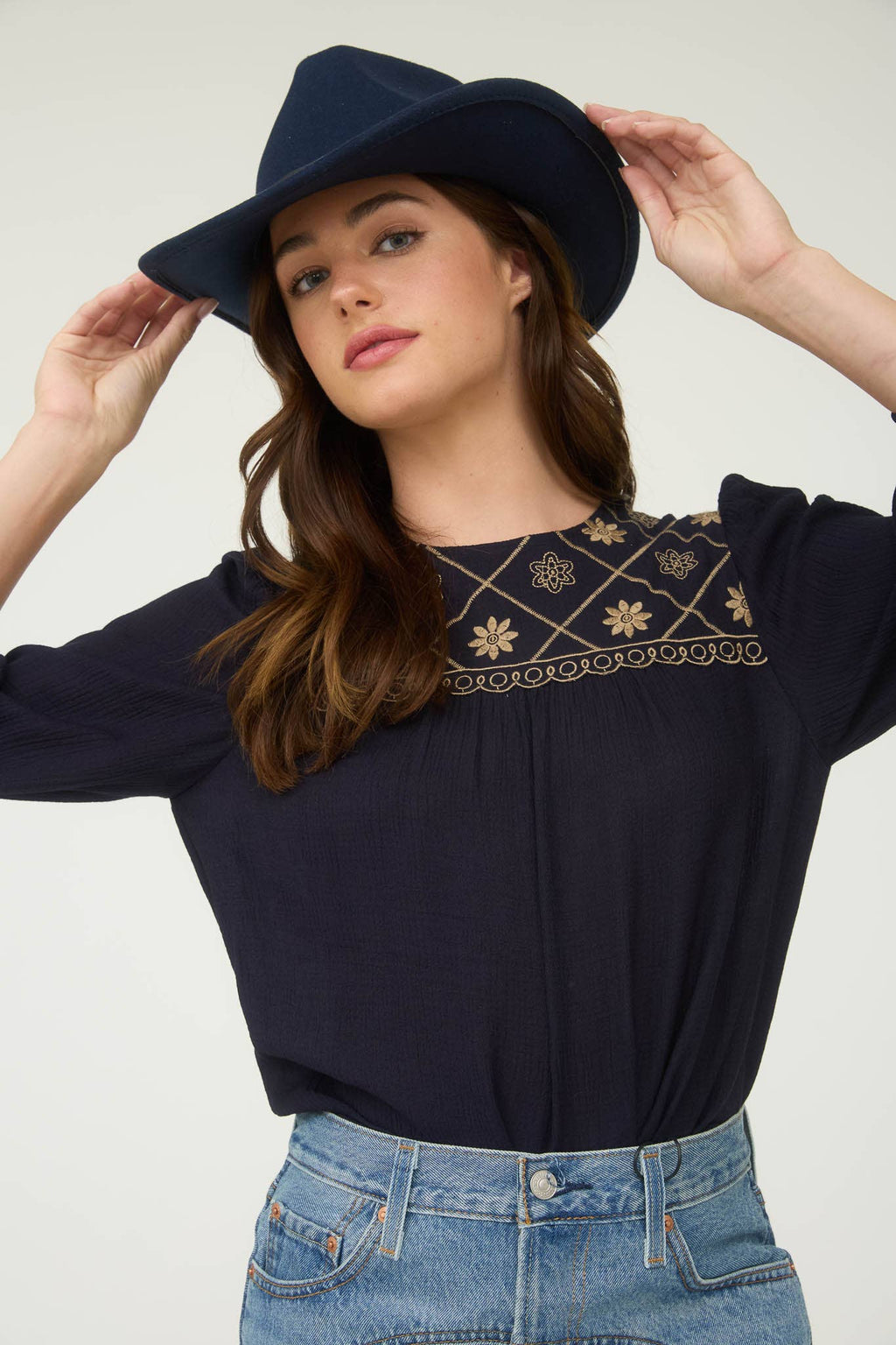 Floral Embroidered Yoke 3/4 Sleeve Blouse -medium remains - Rooted & Reckless Co.