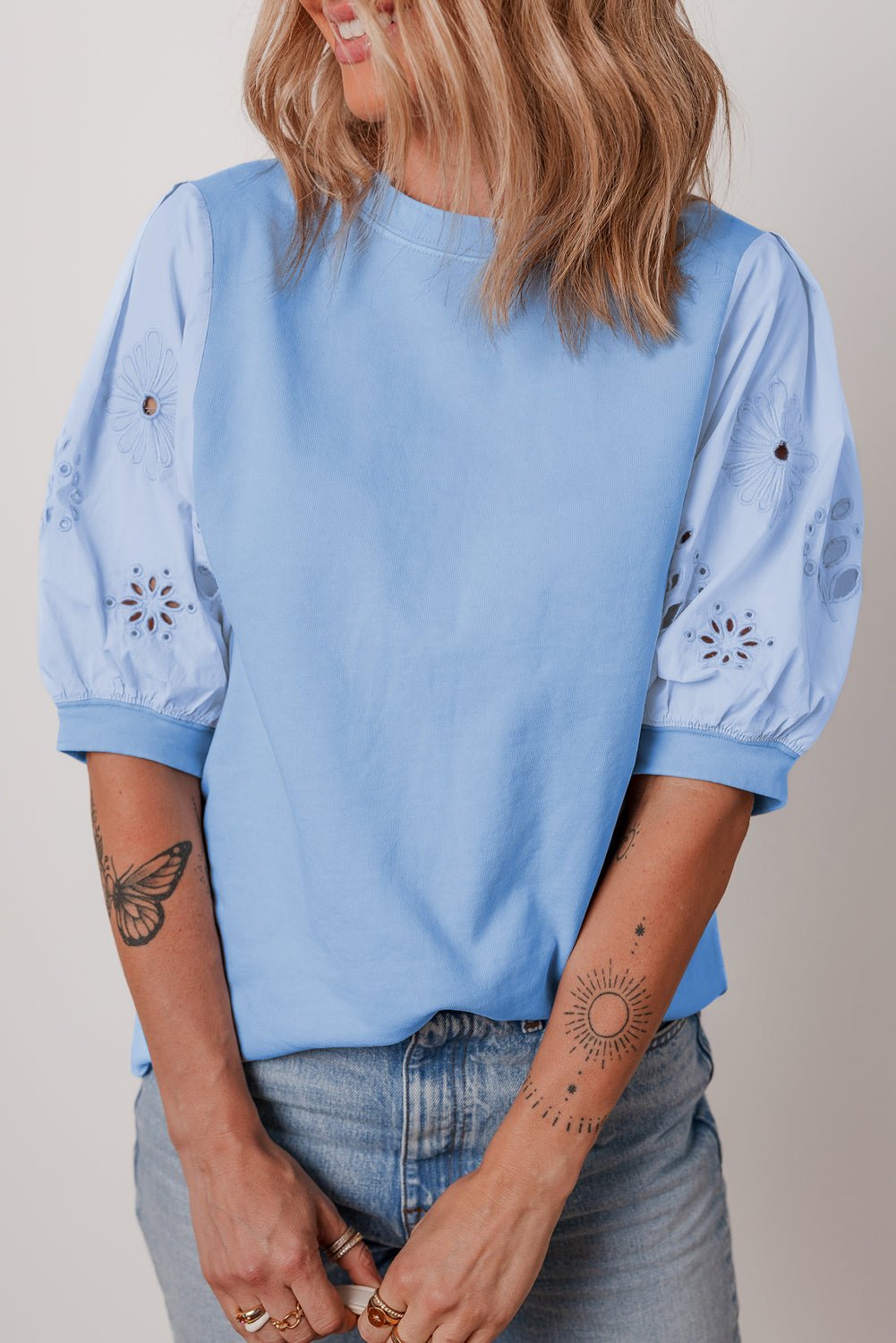 Floral Eyelet Embroidered Puff Short Sleeve Blouse - Rooted & Reckless Co.