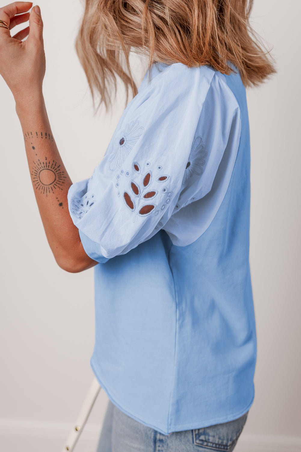 Floral Eyelet Embroidered Puff Short Sleeve Blouse - Rooted & Reckless Co.