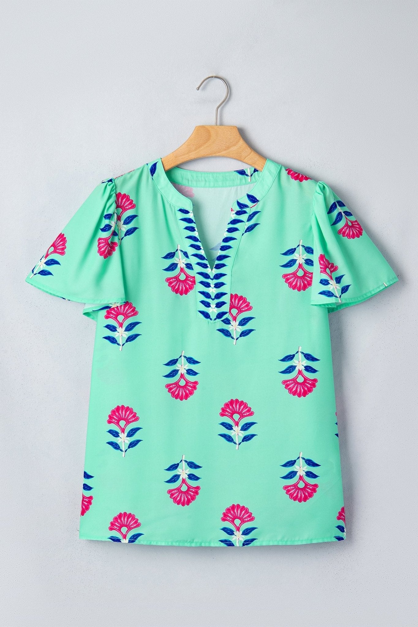 Floral Flutter Short Sleeve V-Neck Blouse - Rooted & Reckless Co.
