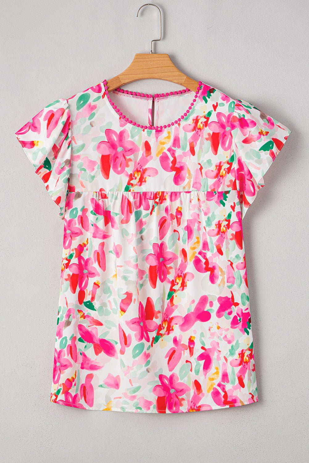 Floral Flutter Sleeve Round Neck Blouse - Rooted & Reckless Co.