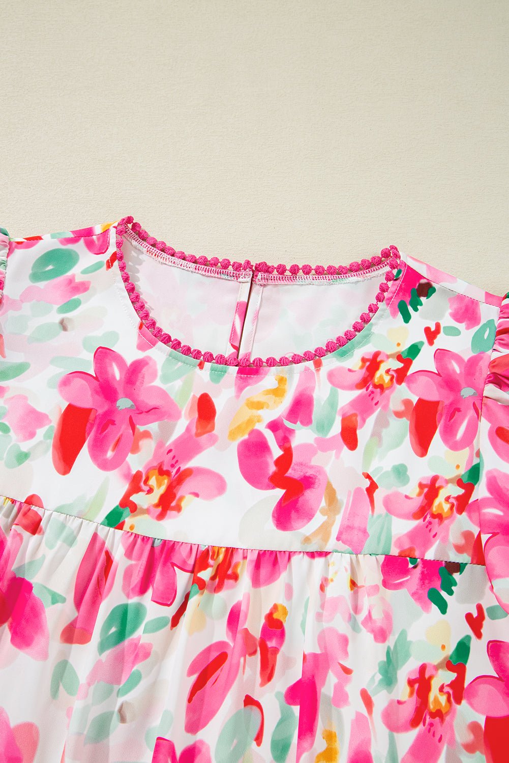 Floral Flutter Sleeve Round Neck Blouse - Rooted & Reckless Co.