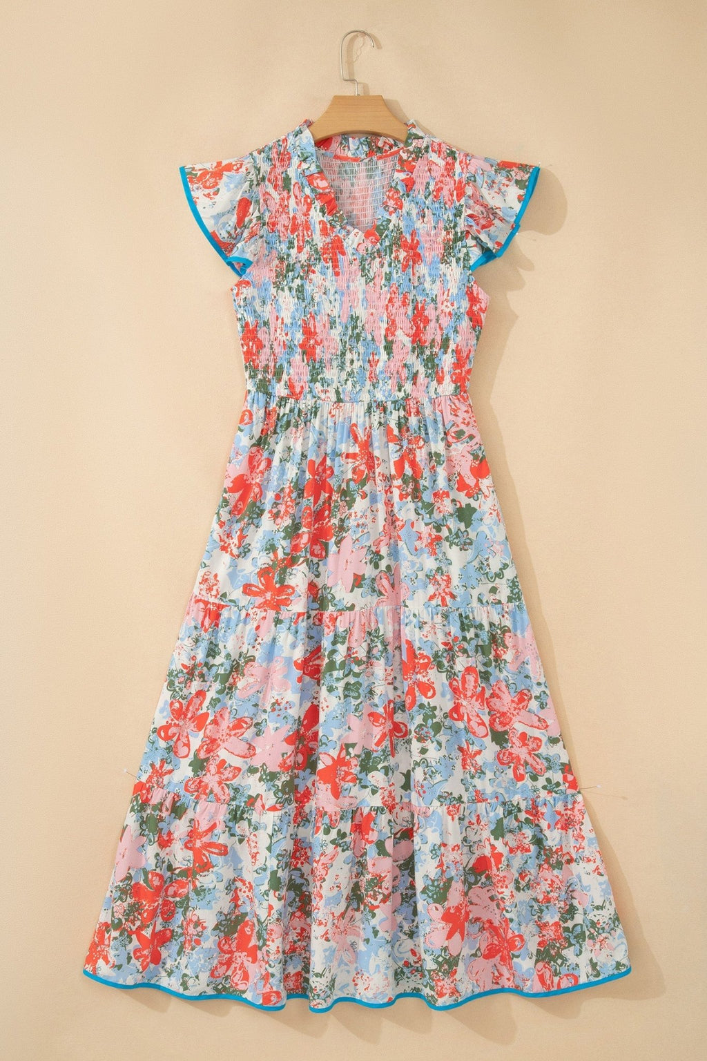 Floral Flutter Sleeve Smocked V-Neck Maxi Dress - Rooted & Reckless Co.