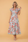 Floral Flutter Sleeve Smocked V-Neck Maxi Dress - Rooted & Reckless Co.