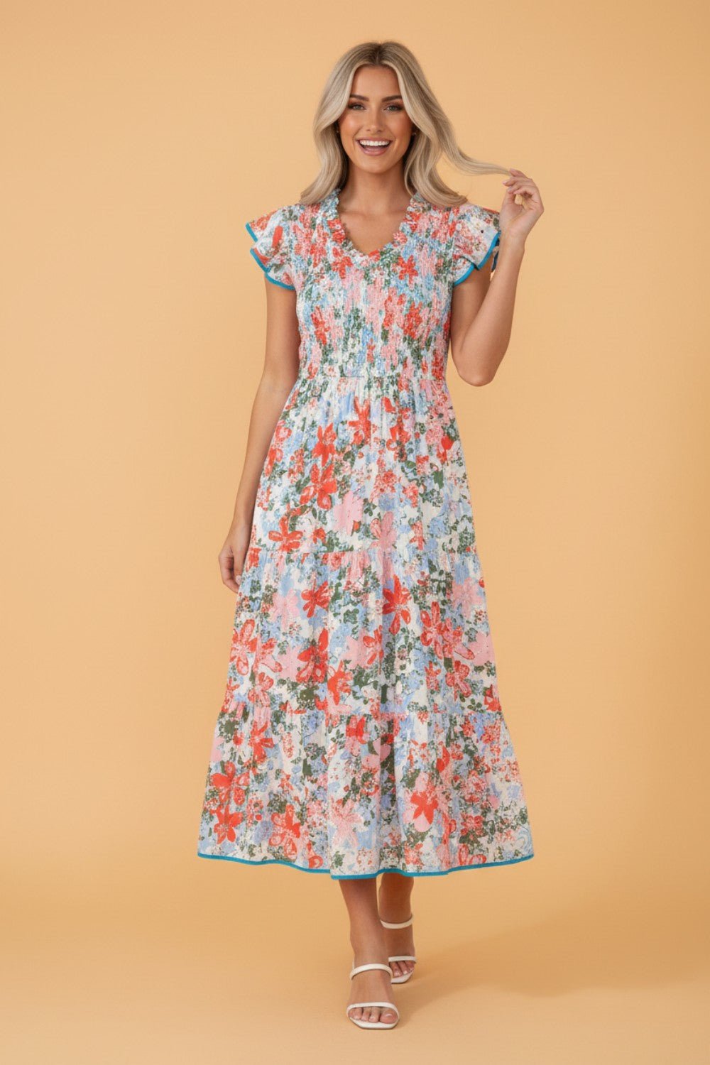 Floral Flutter Sleeve Smocked V-Neck Maxi Dress - Rooted & Reckless Co.