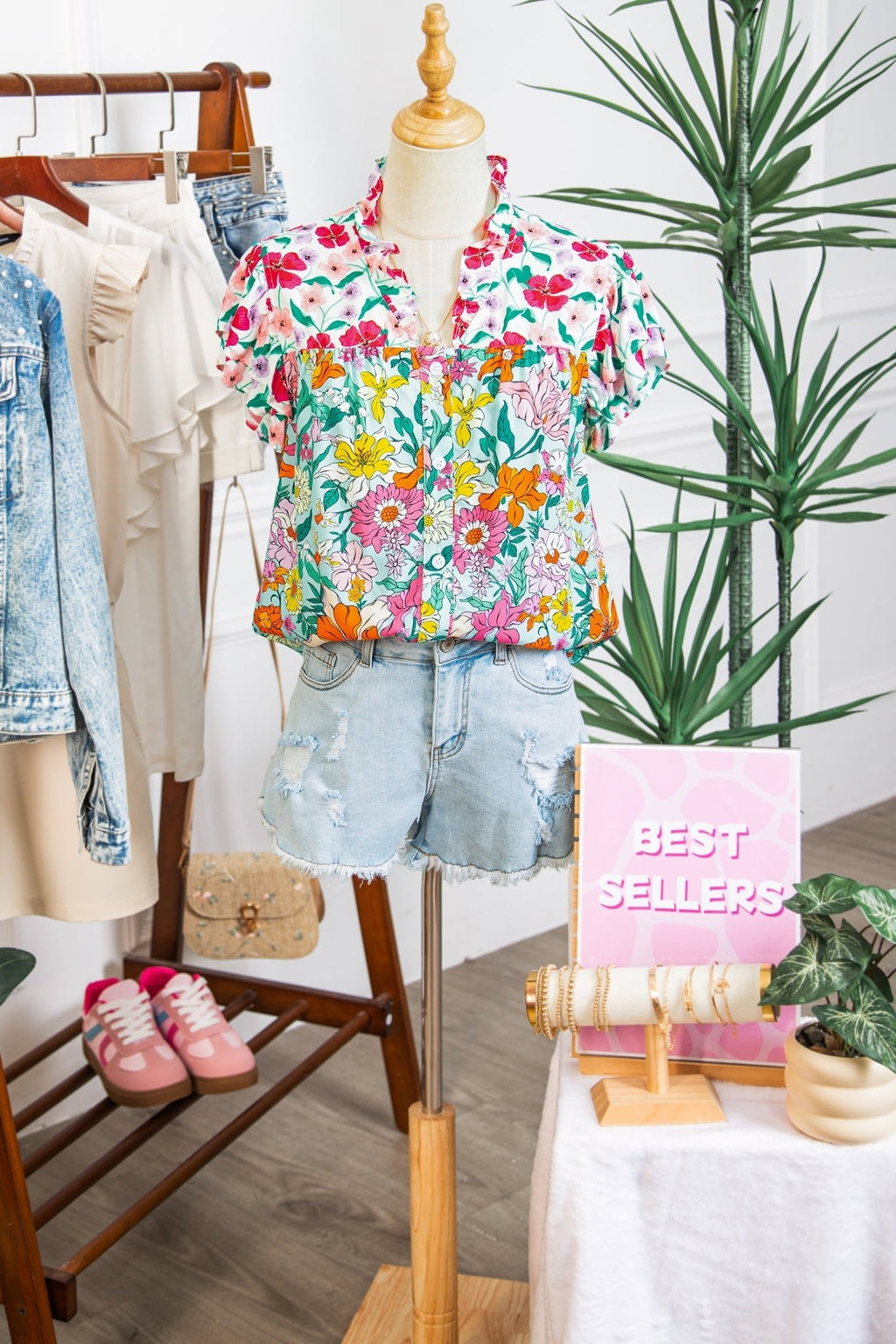 Floral Flutter Sleeve Split Neck Buttoned Blouse - Rooted & Reckless Co.