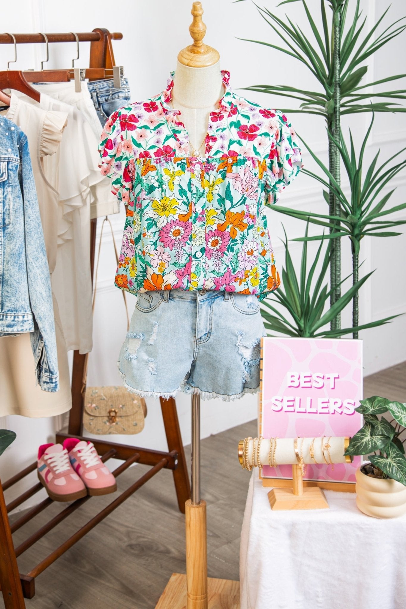 Floral Flutter Sleeve Split Neck Buttoned Blouse - Rooted & Reckless Co.