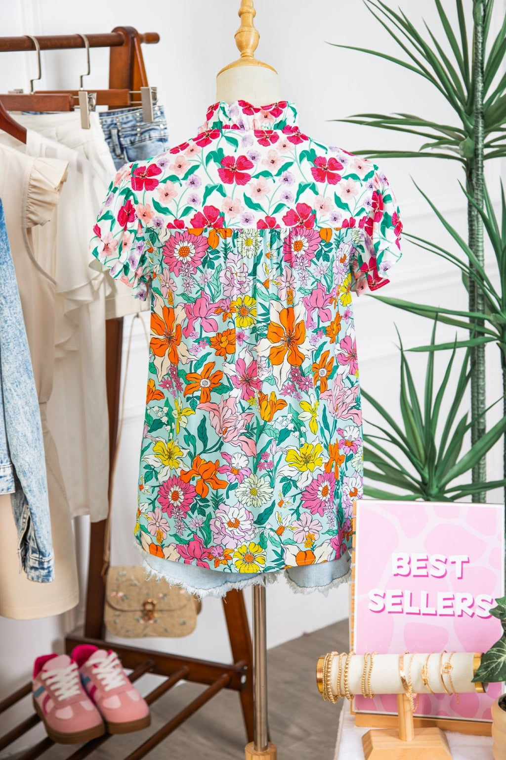 Floral Flutter Sleeve Split Neck Buttoned Blouse - Rooted & Reckless Co.