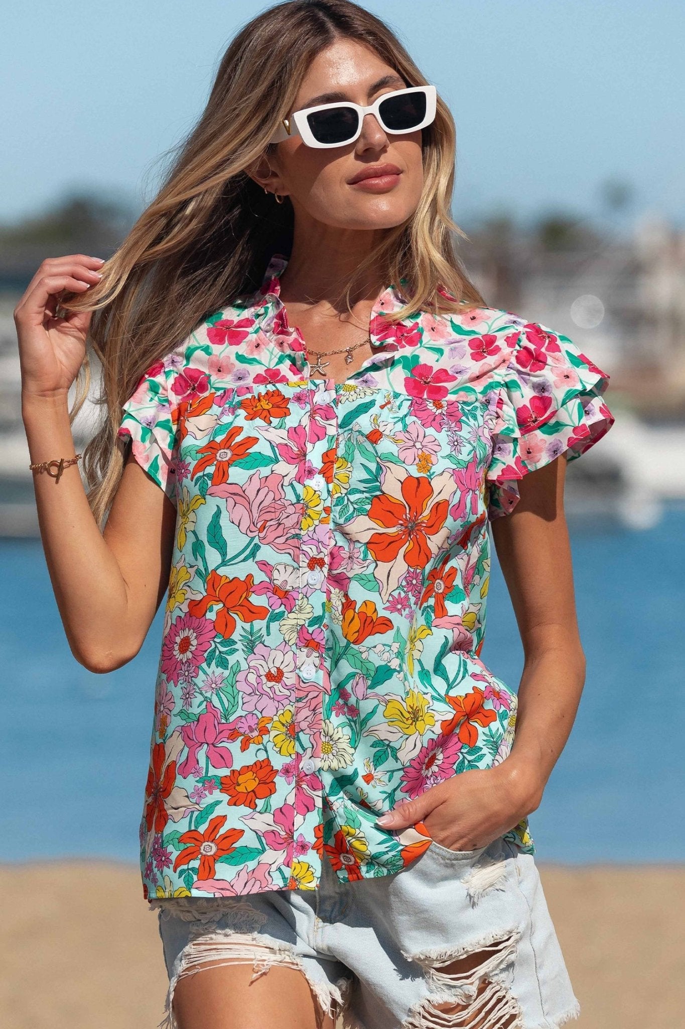 Floral Flutter Sleeve Split Neck Buttoned Blouse - Rooted & Reckless Co.