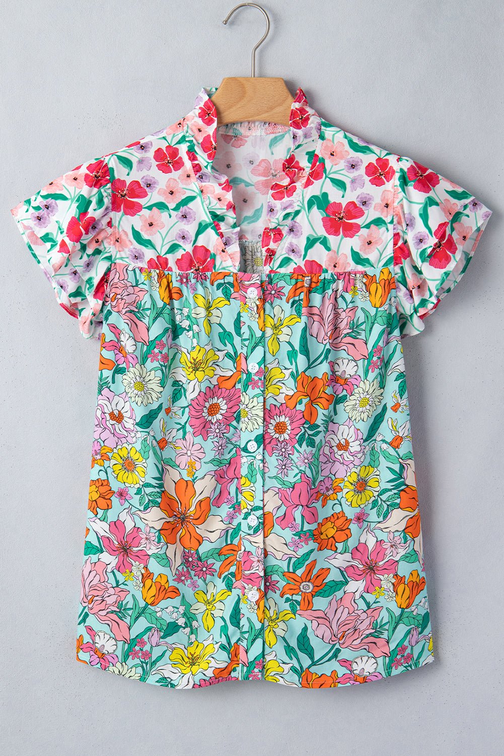 Floral Flutter Sleeve Split Neck Buttoned Blouse - Rooted & Reckless Co.