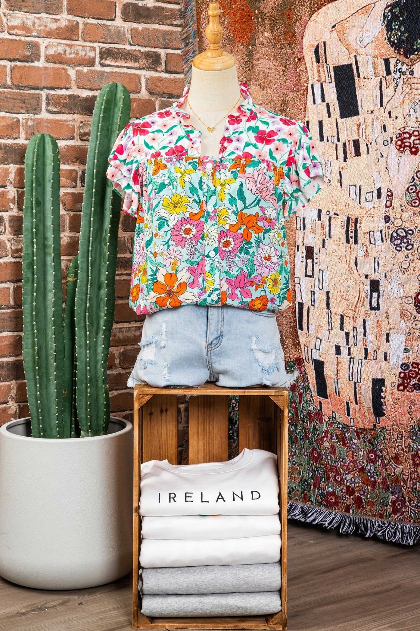 Floral Flutter Sleeve Split Neck Buttoned Blouse - Rooted & Reckless Co.